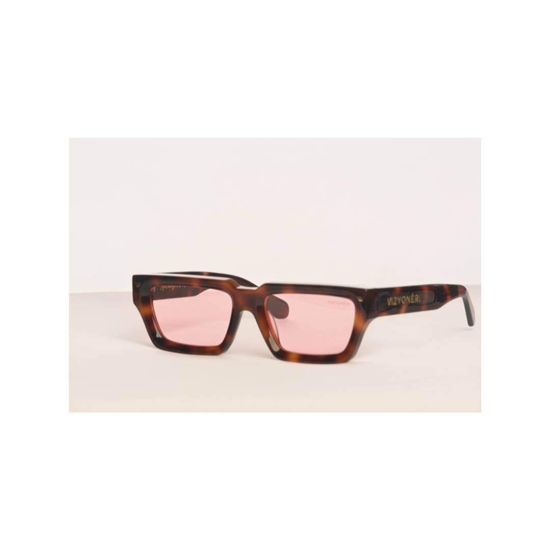 Square Brown Tortoiseshell Bevel Frame | Sea Pink Lenses